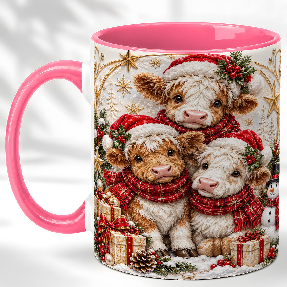 #pl[11oz|Pink] Ornate Christmas Cow Coffee Mug, Winter Calves Mug, Ceramic Cup