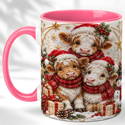 #pl[11oz|Pink] Ornate Christmas Cow Coffee Mug, Winter Calves Mug, Ceramic Cup