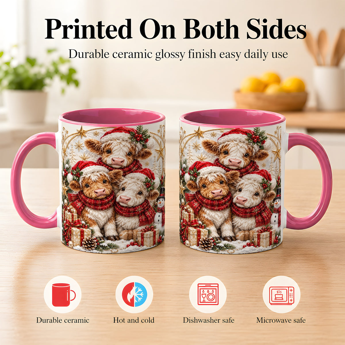 #pl[11oz|Pink] Ornate Christmas Cow Coffee Mug, Winter Calves Mug, Ceramic Cup