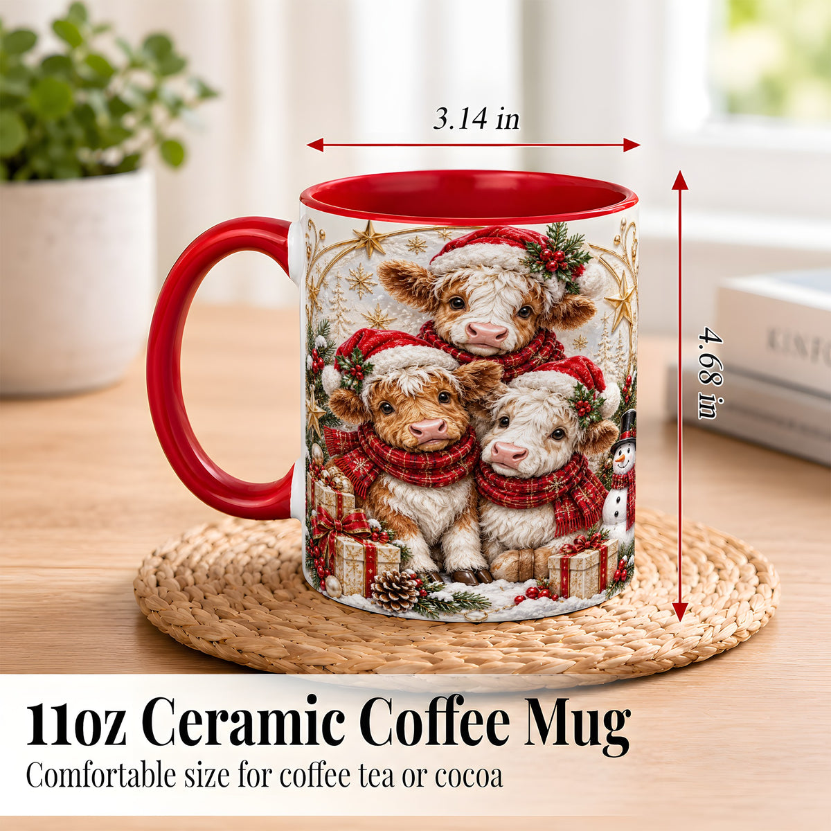 #pl[11oz|Red] Ornate Christmas Cow Coffee Mug, Winter Calves Mug, Ceramic Cup