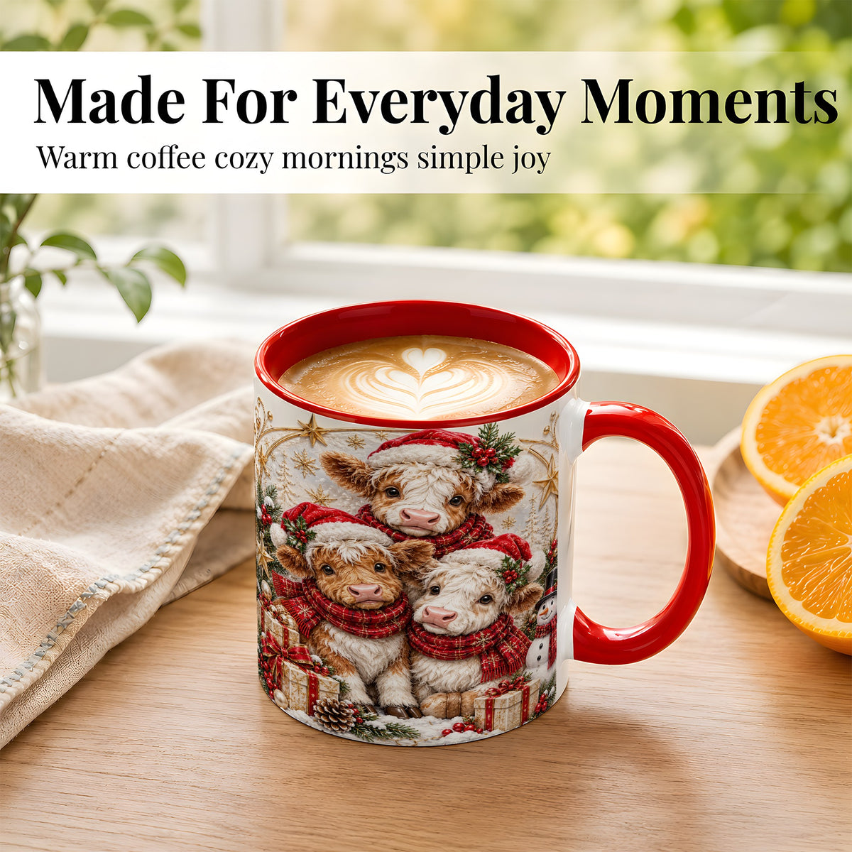 #pl[11oz|Red] Ornate Christmas Cow Coffee Mug, Winter Calves Mug, Ceramic Cup