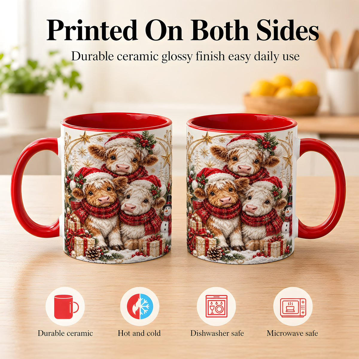 #pl[11oz|Red] Ornate Christmas Cow Coffee Mug, Winter Calves Mug, Ceramic Cup