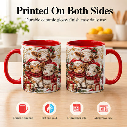 #pl[11oz|Red] Ornate Christmas Cow Coffee Mug, Winter Calves Mug, Ceramic Cup