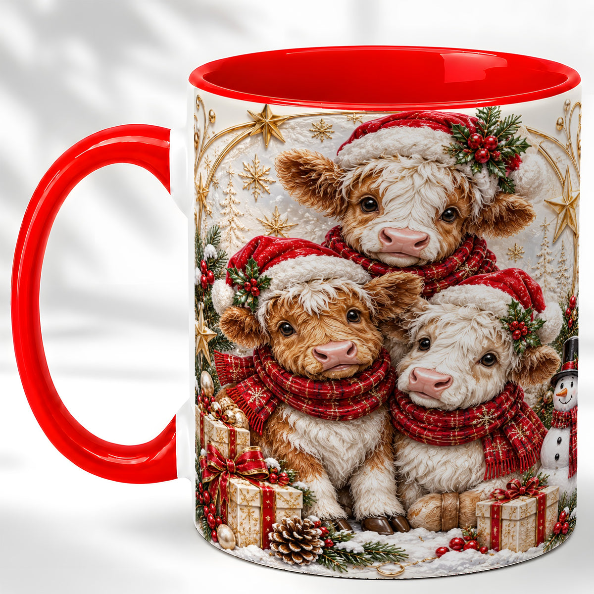 #pl[11oz|Red] Ornate Christmas Cow Coffee Mug, Winter Calves Mug, Ceramic Cup