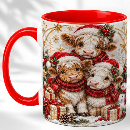 #pl[11oz|Red] Ornate Christmas Cow Coffee Mug, Winter Calves Mug, Ceramic Cup