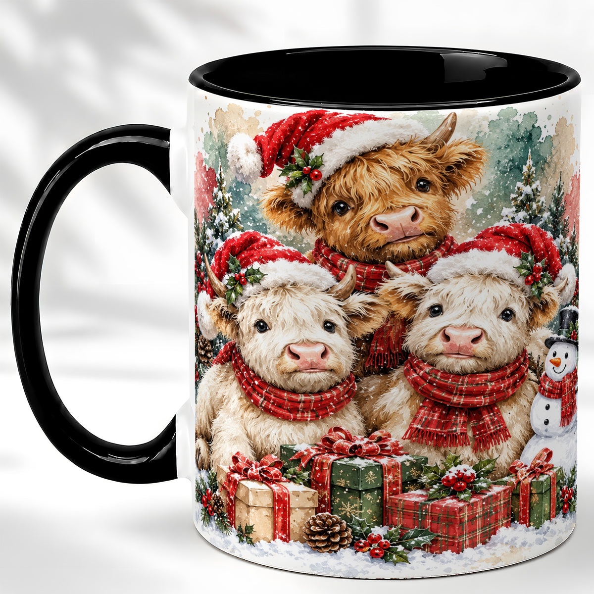 #pl[11oz|Black] Highland Cow Christmas Coffee Mug, Snowy Calves Mug, Ceramic Cup