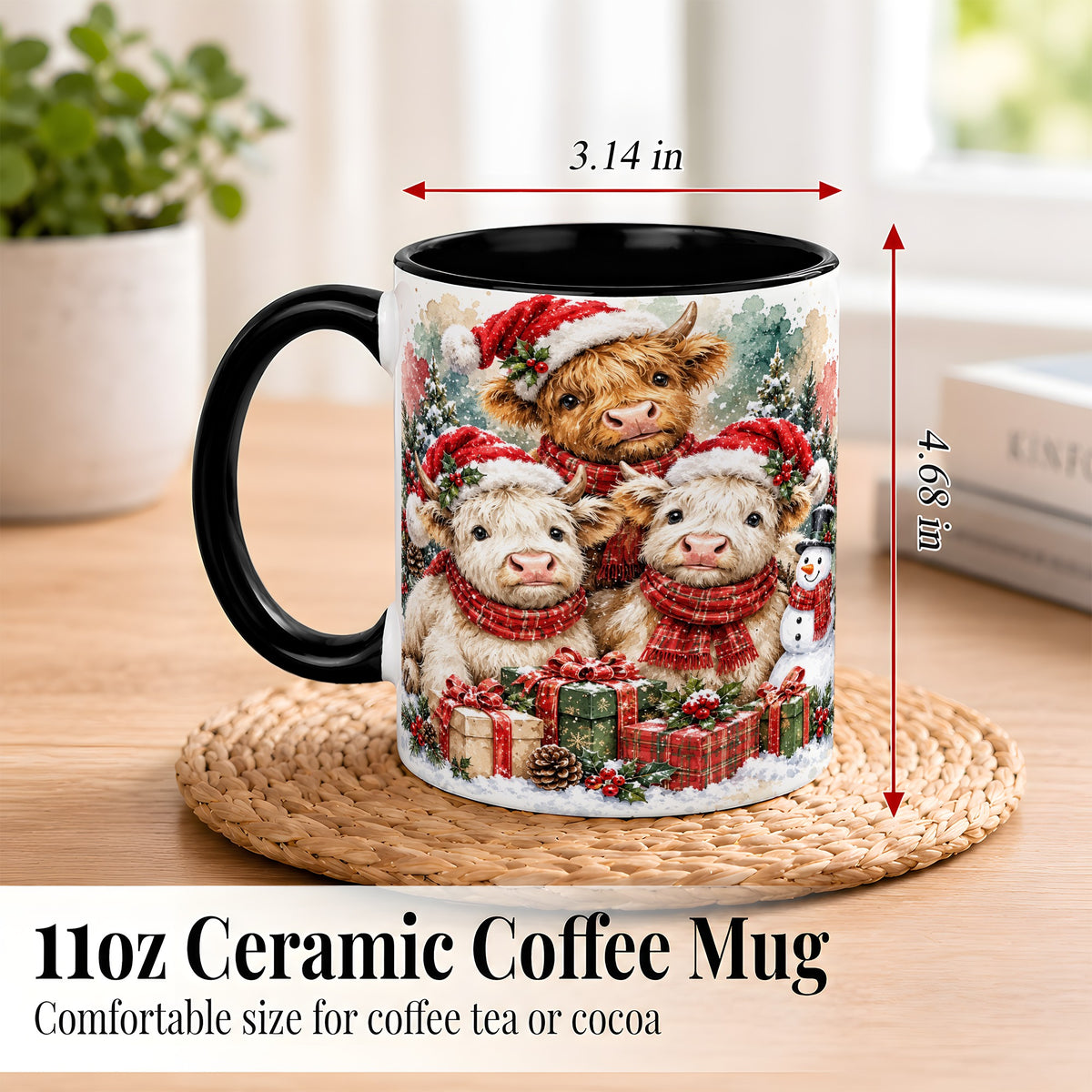 #pl[11oz|Black] Highland Cow Christmas Coffee Mug, Snowy Calves Mug, Ceramic Cup