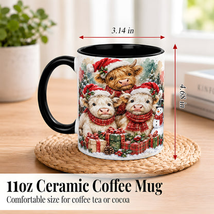 #pl[11oz|Black] Highland Cow Christmas Coffee Mug, Snowy Calves Mug, Ceramic Cup