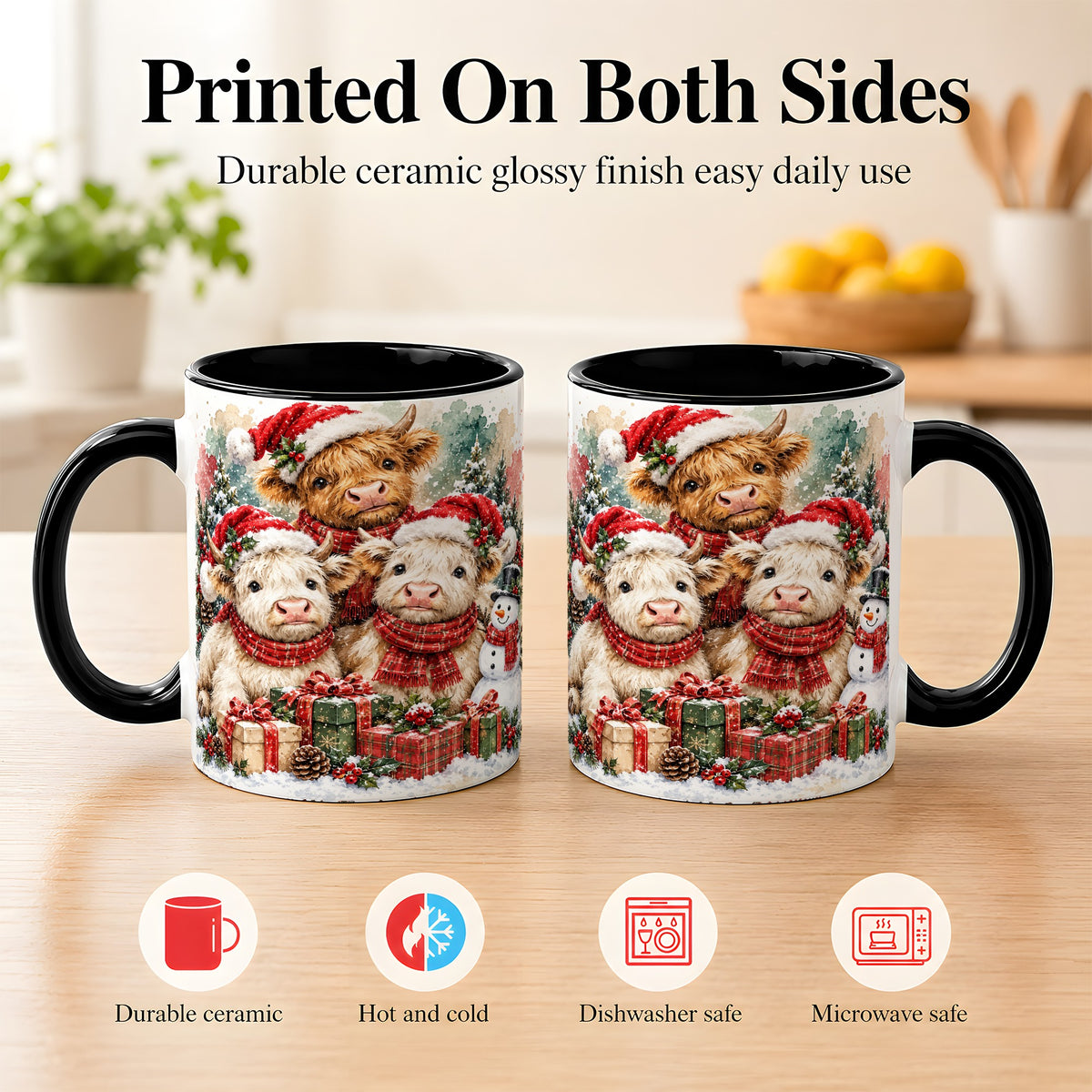 #pl[11oz|Black] Highland Cow Christmas Coffee Mug, Snowy Calves Mug, Ceramic Cup