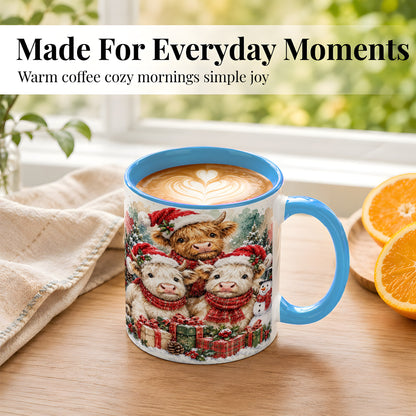 #pl[11oz|Blue] Highland Cow Christmas Coffee Mug, Snowy Calves Mug, Ceramic Cup