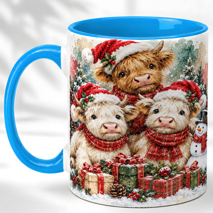 #pl[11oz|Blue] Highland Cow Christmas Coffee Mug, Snowy Calves Mug, Ceramic Cup
