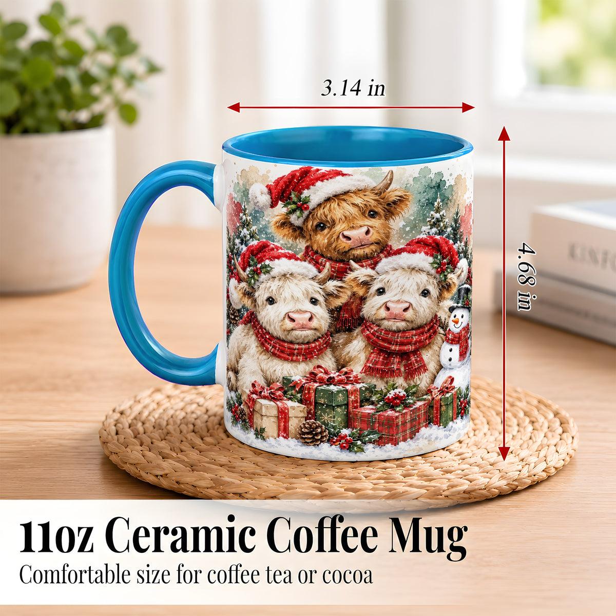 #pl[11oz|Blue] Highland Cow Christmas Coffee Mug, Snowy Calves Mug, Ceramic Cup