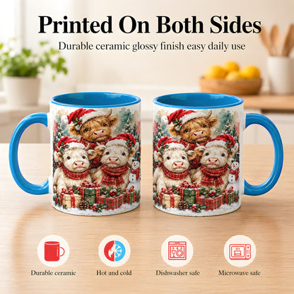 #pl[11oz|Blue] Highland Cow Christmas Coffee Mug, Snowy Calves Mug, Ceramic Cup