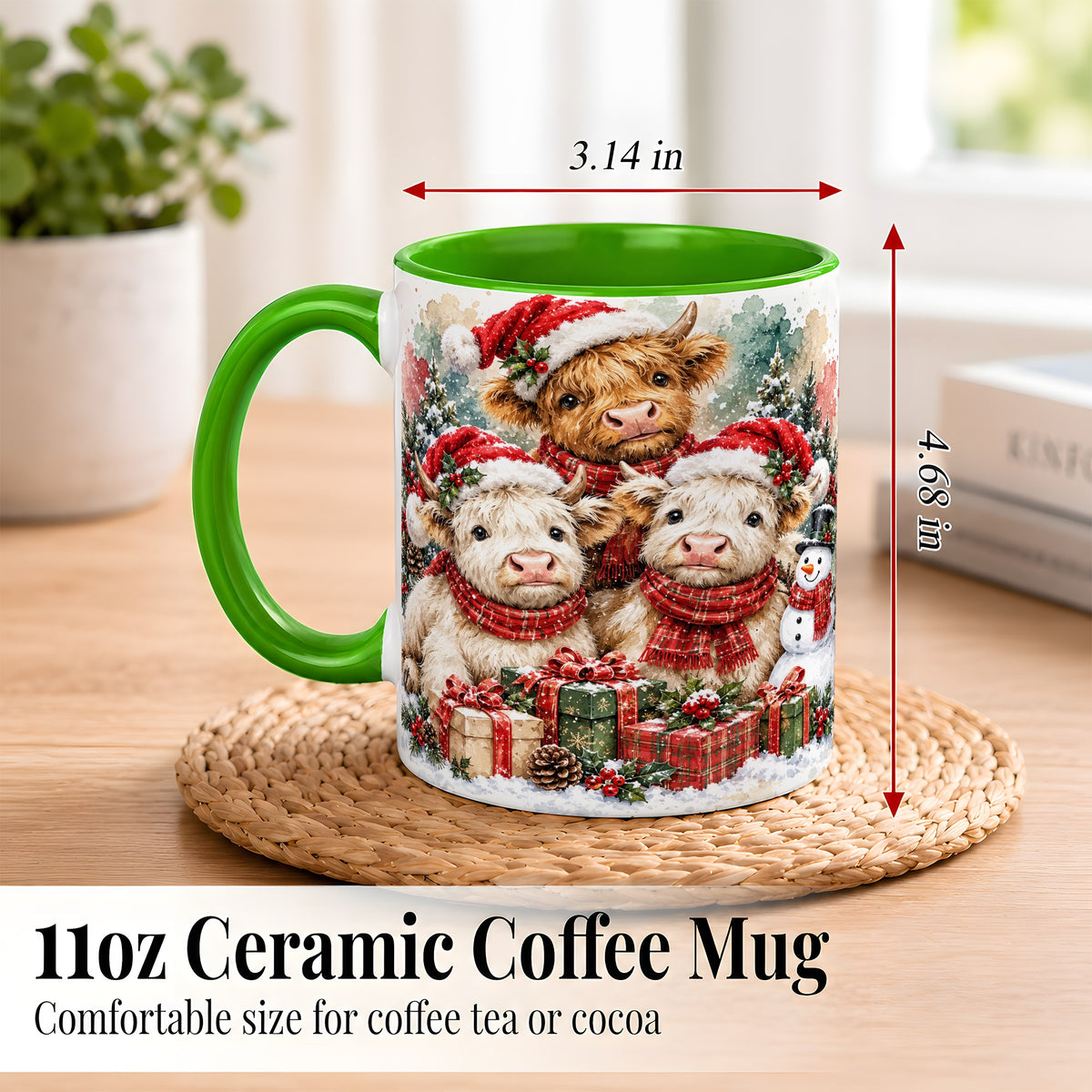 #pl[11oz|Green] Highland Cow Christmas Coffee Mug, Snowy Calves Mug, Ceramic Cup