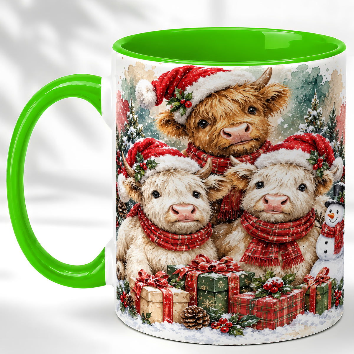 #pl[11oz|Green] Highland Cow Christmas Coffee Mug, Snowy Calves Mug, Ceramic Cup