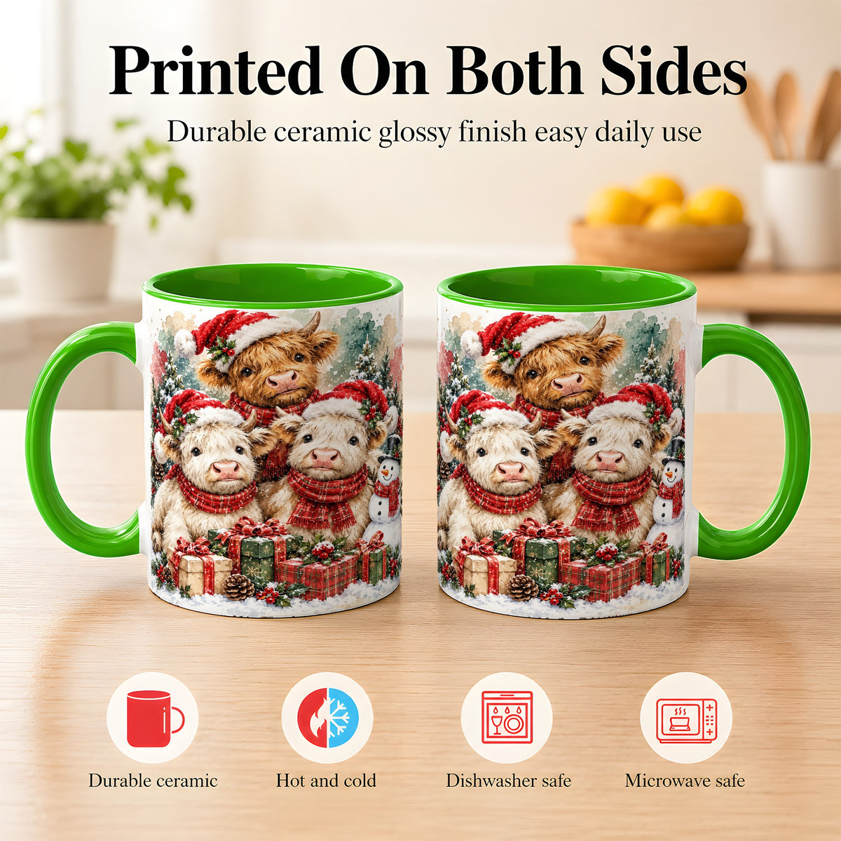 #pl[11oz|Green] Highland Cow Christmas Coffee Mug, Snowy Calves Mug, Ceramic Cup