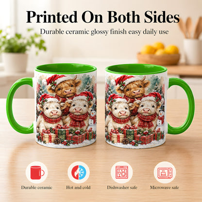 #pl[11oz|Green] Highland Cow Christmas Coffee Mug, Snowy Calves Mug, Ceramic Cup