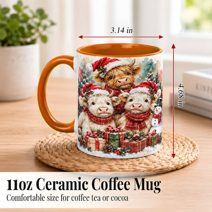 #pl[11oz|Orange] Highland Cow Christmas Coffee Mug, Snowy Calves Mug, Ceramic Cup