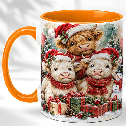 #pl[11oz|Orange] Highland Cow Christmas Coffee Mug, Snowy Calves Mug, Ceramic Cup