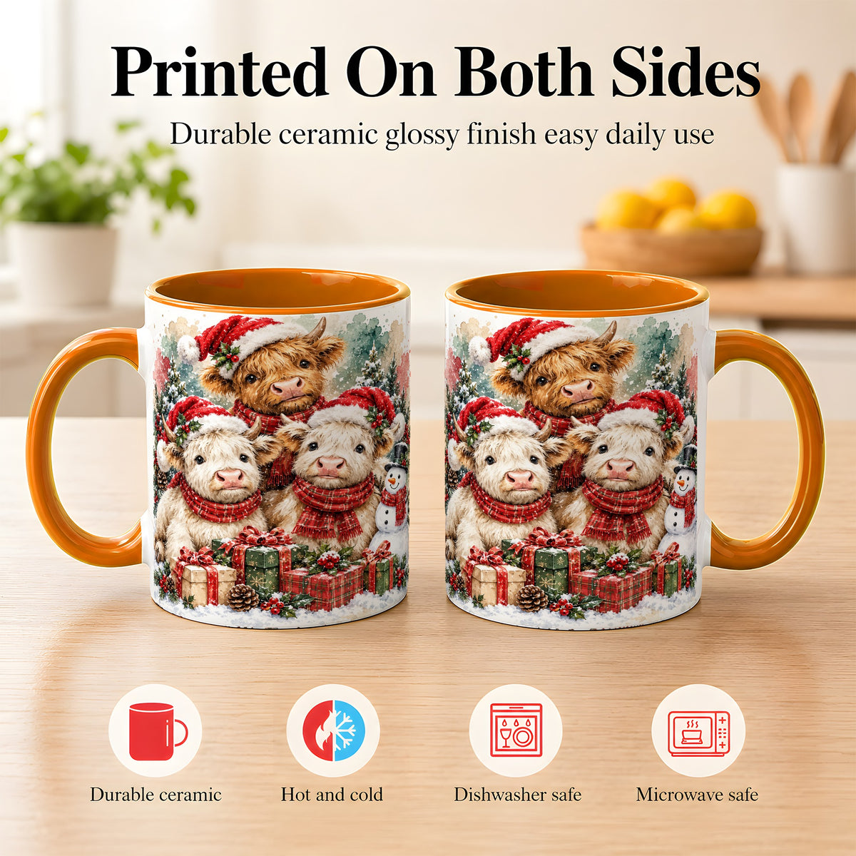 #pl[11oz|Orange] Highland Cow Christmas Coffee Mug, Snowy Calves Mug, Ceramic Cup