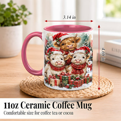 #pl[11oz|Pink] Highland Cow Christmas Coffee Mug, Snowy Calves Mug, Ceramic Cup