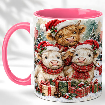 #pl[11oz|Pink] Highland Cow Christmas Coffee Mug, Snowy Calves Mug, Ceramic Cup