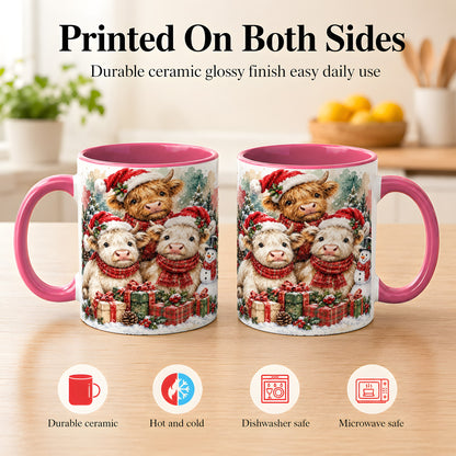 #pl[11oz|Pink] Highland Cow Christmas Coffee Mug, Snowy Calves Mug, Ceramic Cup