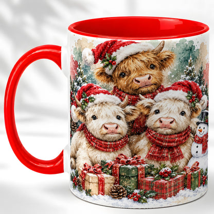 #pl[11oz|Red] Highland Cow Christmas Coffee Mug, Snowy Calves Mug, Ceramic Cup