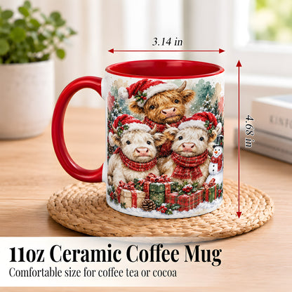 #pl[11oz|Red] Highland Cow Christmas Coffee Mug, Snowy Calves Mug, Ceramic Cup