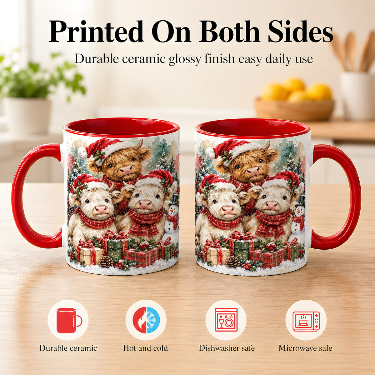 #pl[11oz|Red] Highland Cow Christmas Coffee Mug, Snowy Calves Mug, Ceramic Cup