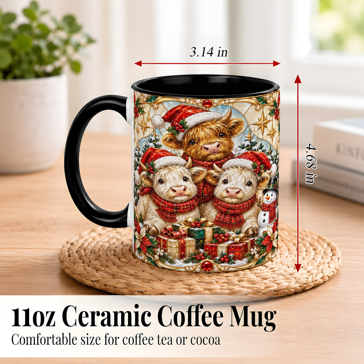 #pl[11oz|Black] Stained Glass Style Cow Coffee Mug, Christmas Calves Mug, Ceramic Cup