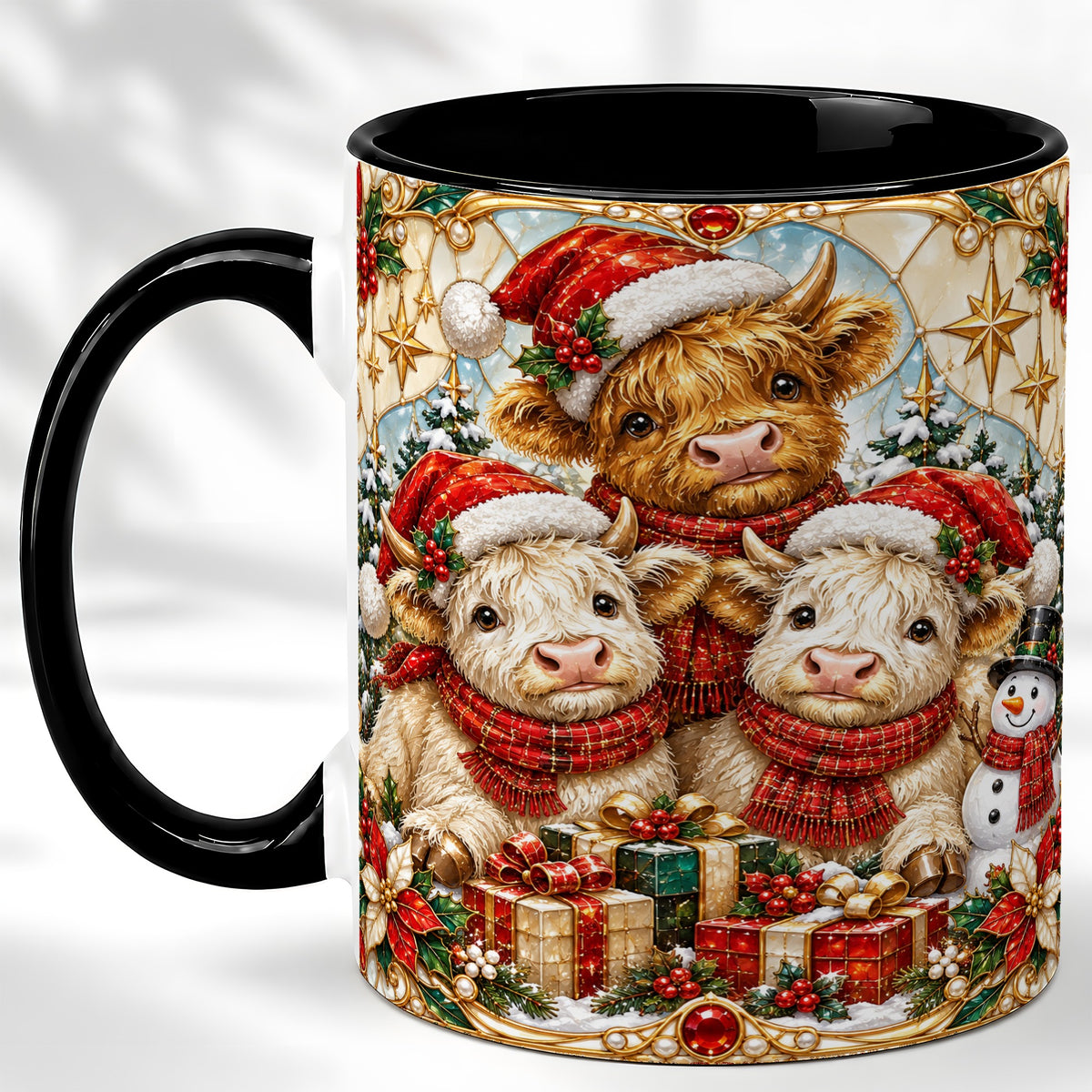 #pl[11oz|Black] Stained Glass Style Cow Coffee Mug, Christmas Calves Mug, Ceramic Cup