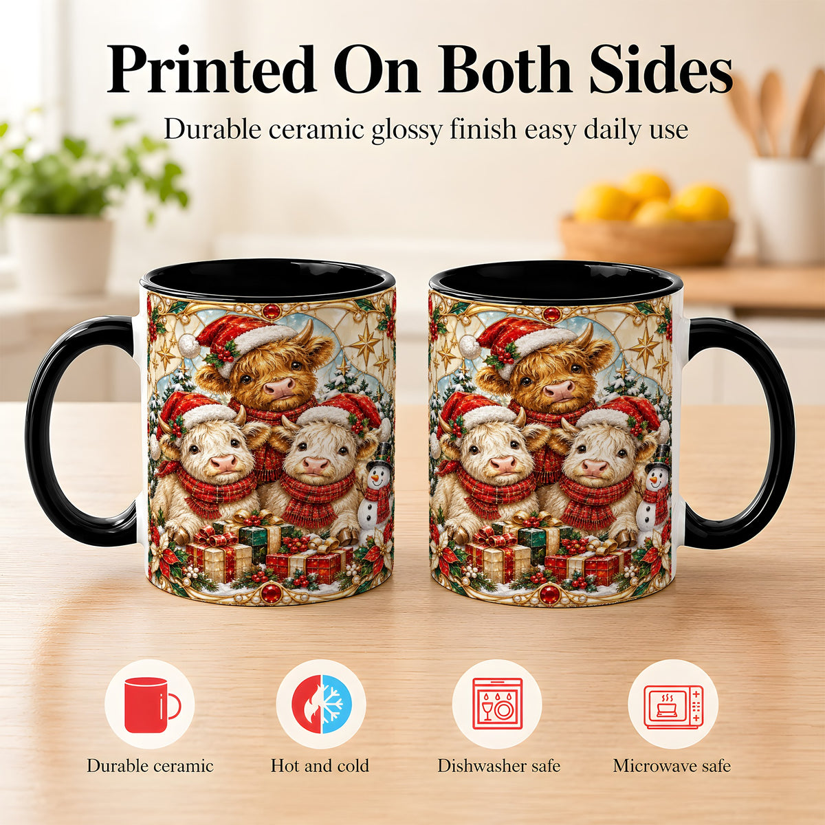 #pl[11oz|Black] Stained Glass Style Cow Coffee Mug, Christmas Calves Mug, Ceramic Cup