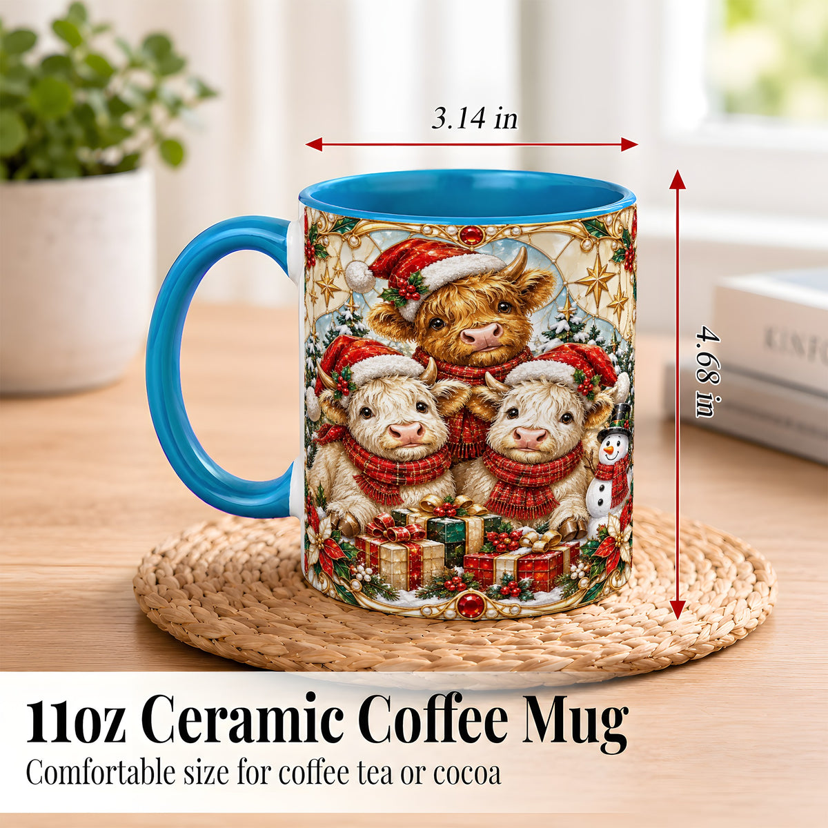 #pl[11oz|Blue] Stained Glass Style Cow Coffee Mug, Christmas Calves Mug, Ceramic Cup