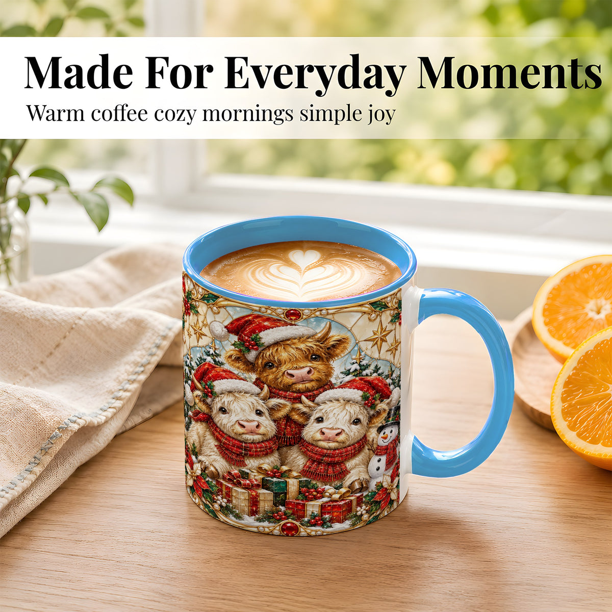 #pl[11oz|Blue] Stained Glass Style Cow Coffee Mug, Christmas Calves Mug, Ceramic Cup