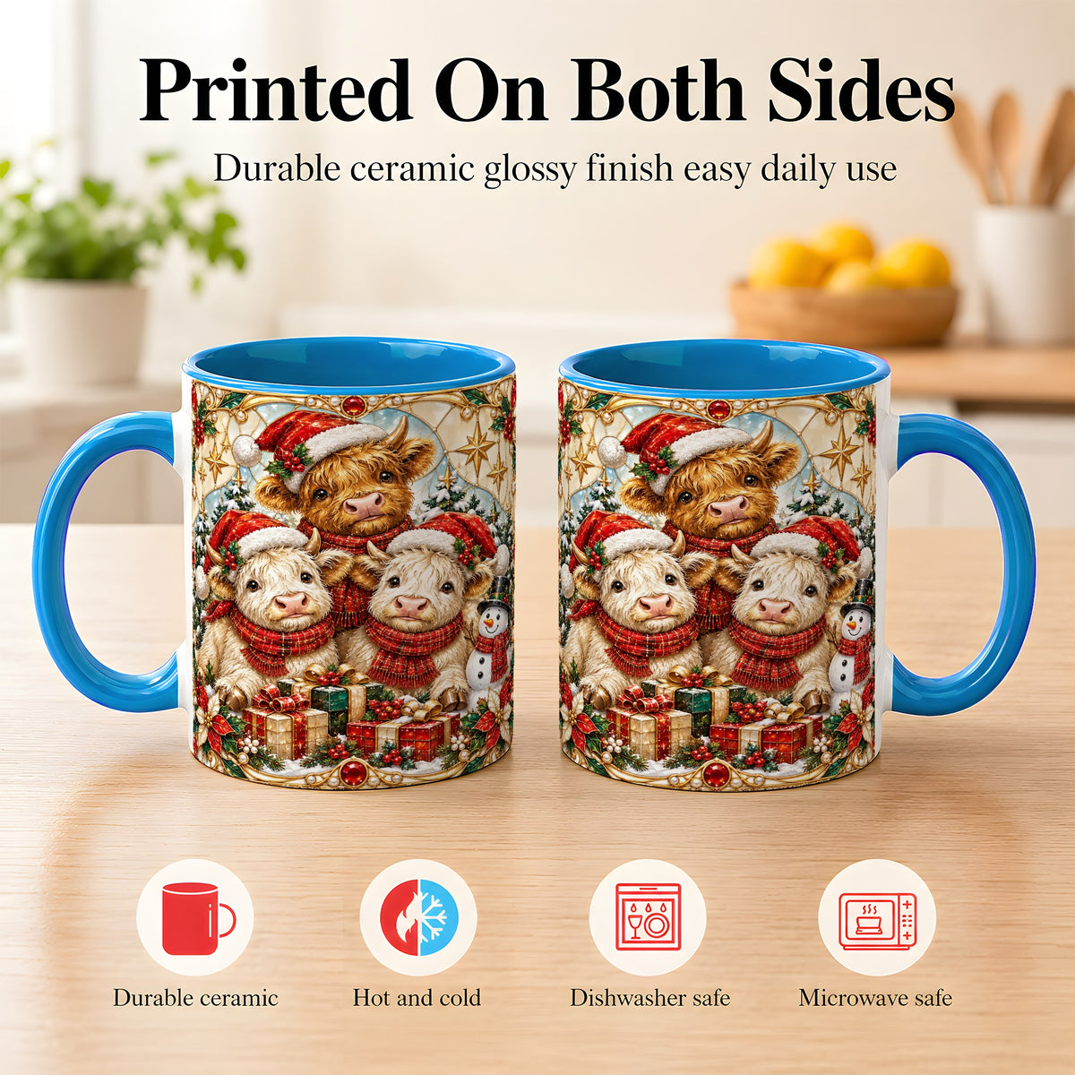 #pl[11oz|Blue] Stained Glass Style Cow Coffee Mug, Christmas Calves Mug, Ceramic Cup