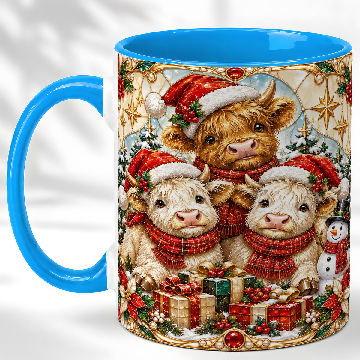 #pl[11oz|Blue] Stained Glass Style Cow Coffee Mug, Christmas Calves Mug, Ceramic Cup
