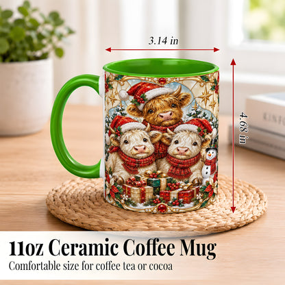 #pl[11oz|Green] Stained Glass Style Cow Coffee Mug, Christmas Calves Mug, Ceramic Cup