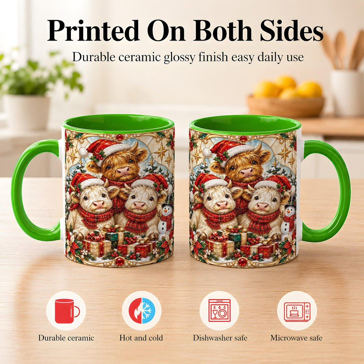 #pl[11oz|Green] Stained Glass Style Cow Coffee Mug, Christmas Calves Mug, Ceramic Cup
