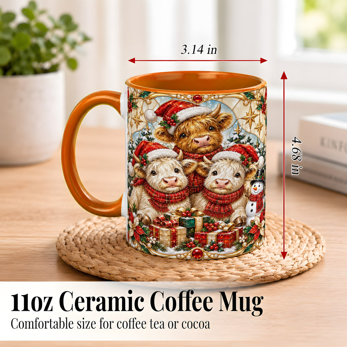 #pl[11oz|Orange] Stained Glass Style Cow Coffee Mug, Christmas Calves Mug, Ceramic Cup
