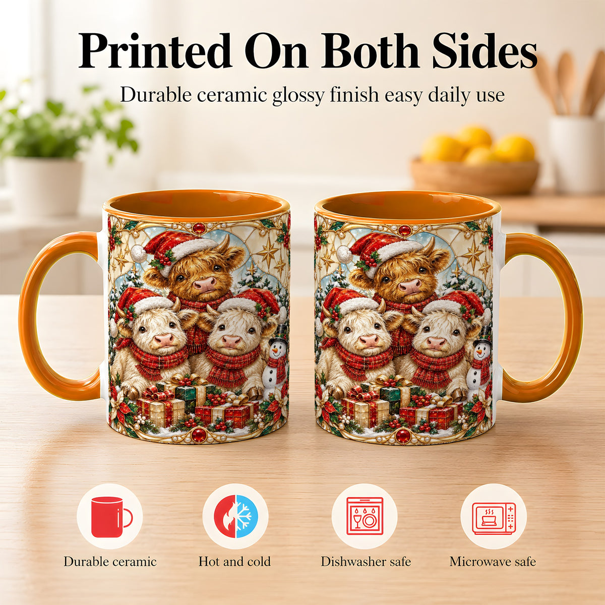 #pl[11oz|Orange] Stained Glass Style Cow Coffee Mug, Christmas Calves Mug, Ceramic Cup