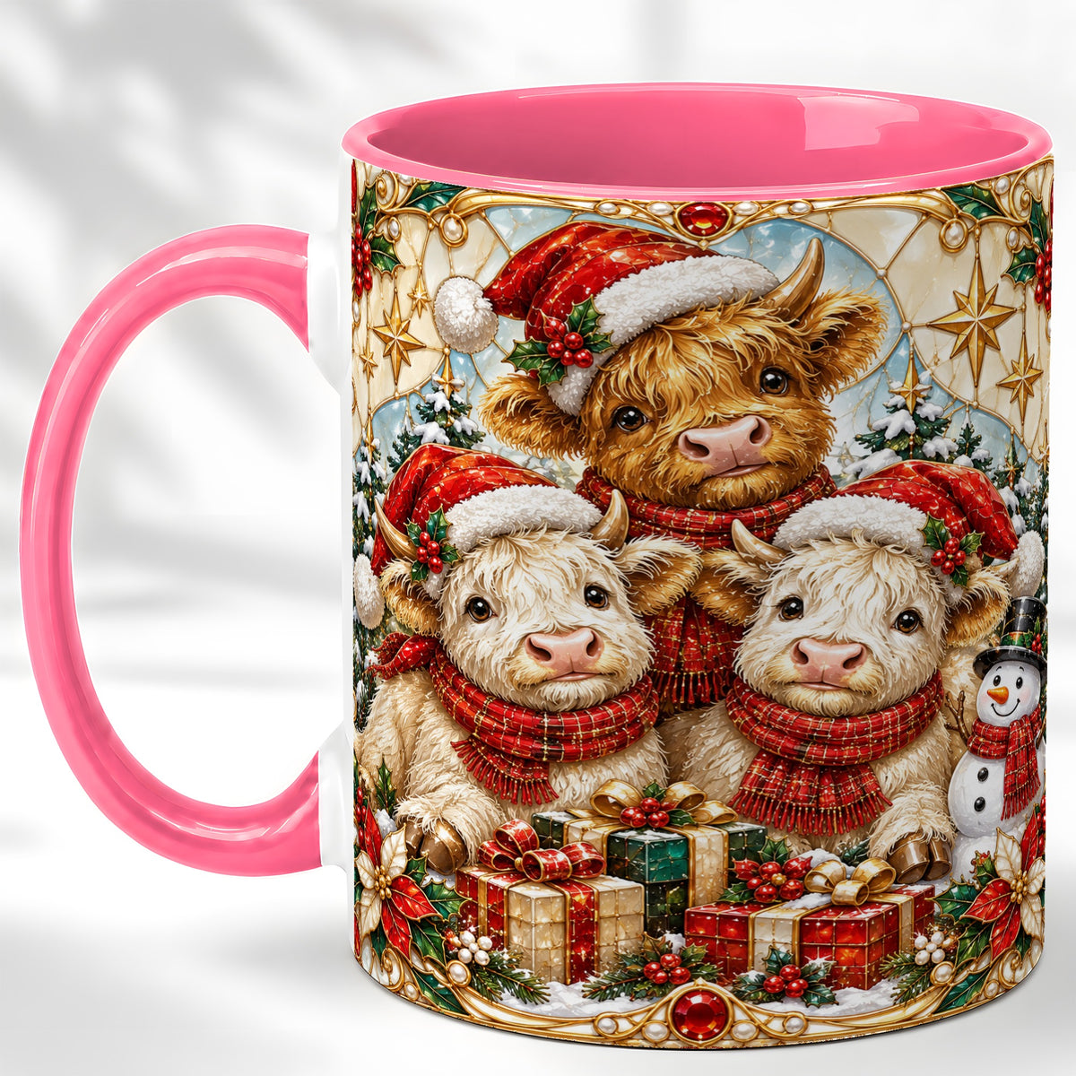 #pl[11oz|Pink] Stained Glass Style Cow Coffee Mug, Christmas Calves Mug, Ceramic Cup