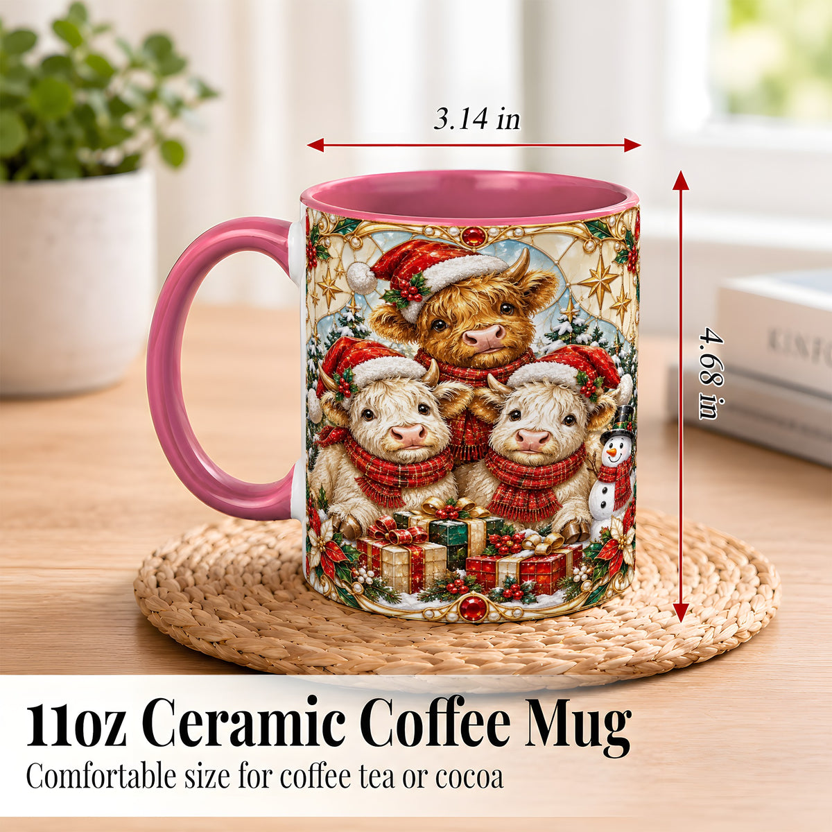 #pl[11oz|Pink] Stained Glass Style Cow Coffee Mug, Christmas Calves Mug, Ceramic Cup