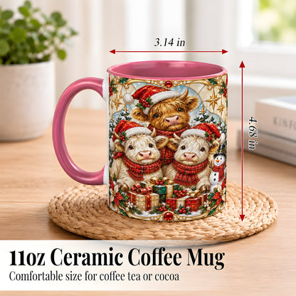 #pl[11oz|Pink] Stained Glass Style Cow Coffee Mug, Christmas Calves Mug, Ceramic Cup