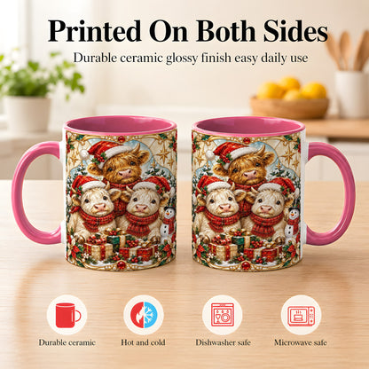 #pl[11oz|Pink] Stained Glass Style Cow Coffee Mug, Christmas Calves Mug, Ceramic Cup