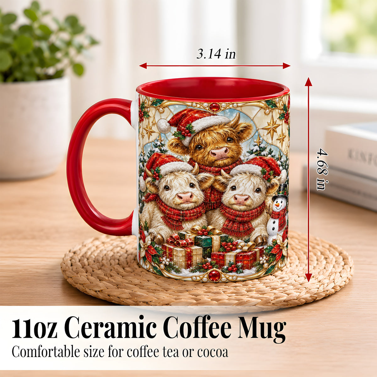 #pl[11oz|Red] Stained Glass Style Cow Coffee Mug, Christmas Calves Mug, Ceramic Cup