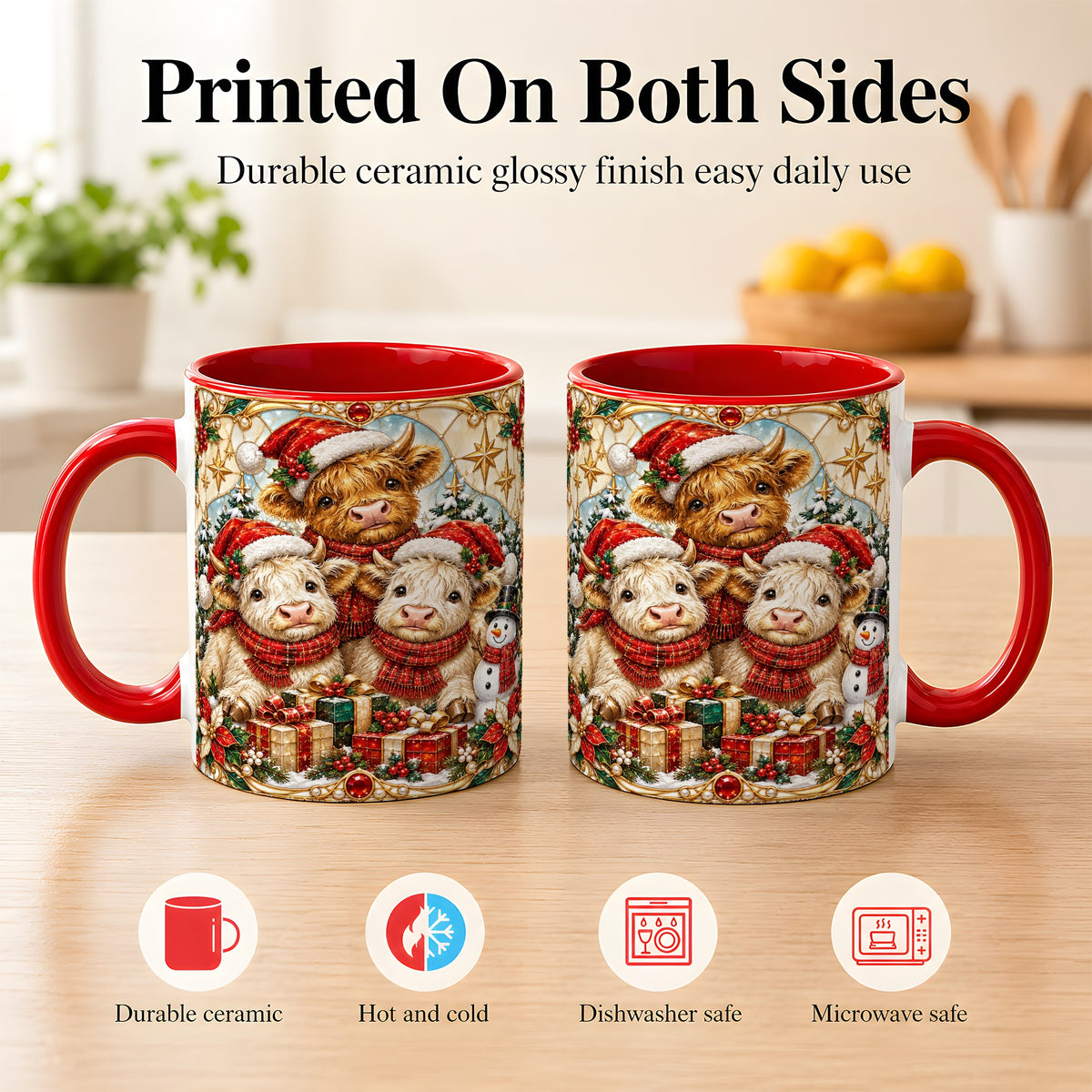#pl[11oz|Red] Stained Glass Style Cow Coffee Mug, Christmas Calves Mug, Ceramic Cup