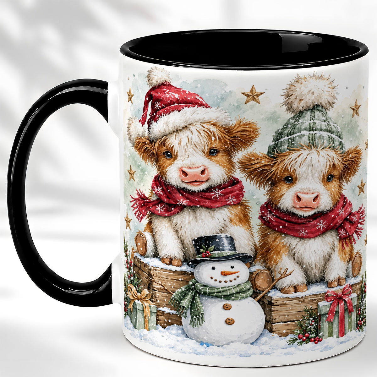 #pl[11oz|Black] Christmas Highland Cow Coffee Mug, Winter Cow Mug, Ceramic Cup