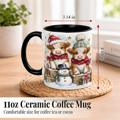 #pl[11oz|Black] Christmas Highland Cow Coffee Mug, Winter Cow Mug, Ceramic Cup
