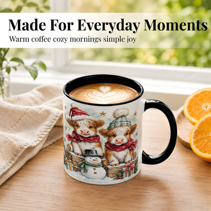 #pl[11oz|Black] Christmas Highland Cow Coffee Mug, Winter Cow Mug, Ceramic Cup